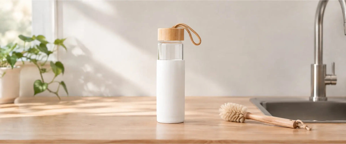 Kleear 500ml high-end borosilicate glass water bottle with a white silicone sleeve and bamboo lid, placed on a kitchen countertop beside a bottle-cleaning brush.