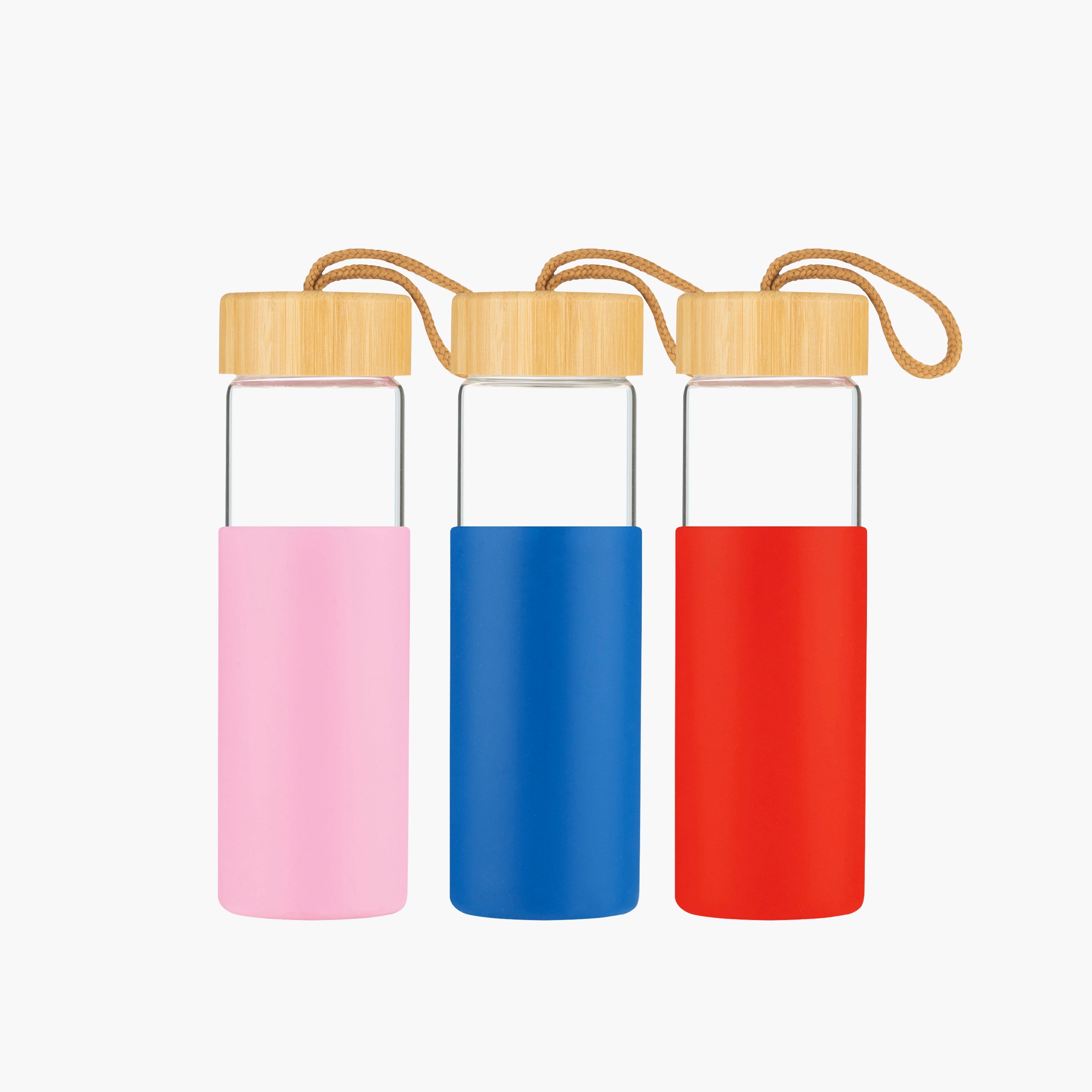 Borosilicate Glass Bottle with Silicon Sleeve & Bamboo Lid - 500 ML (Set of 3)