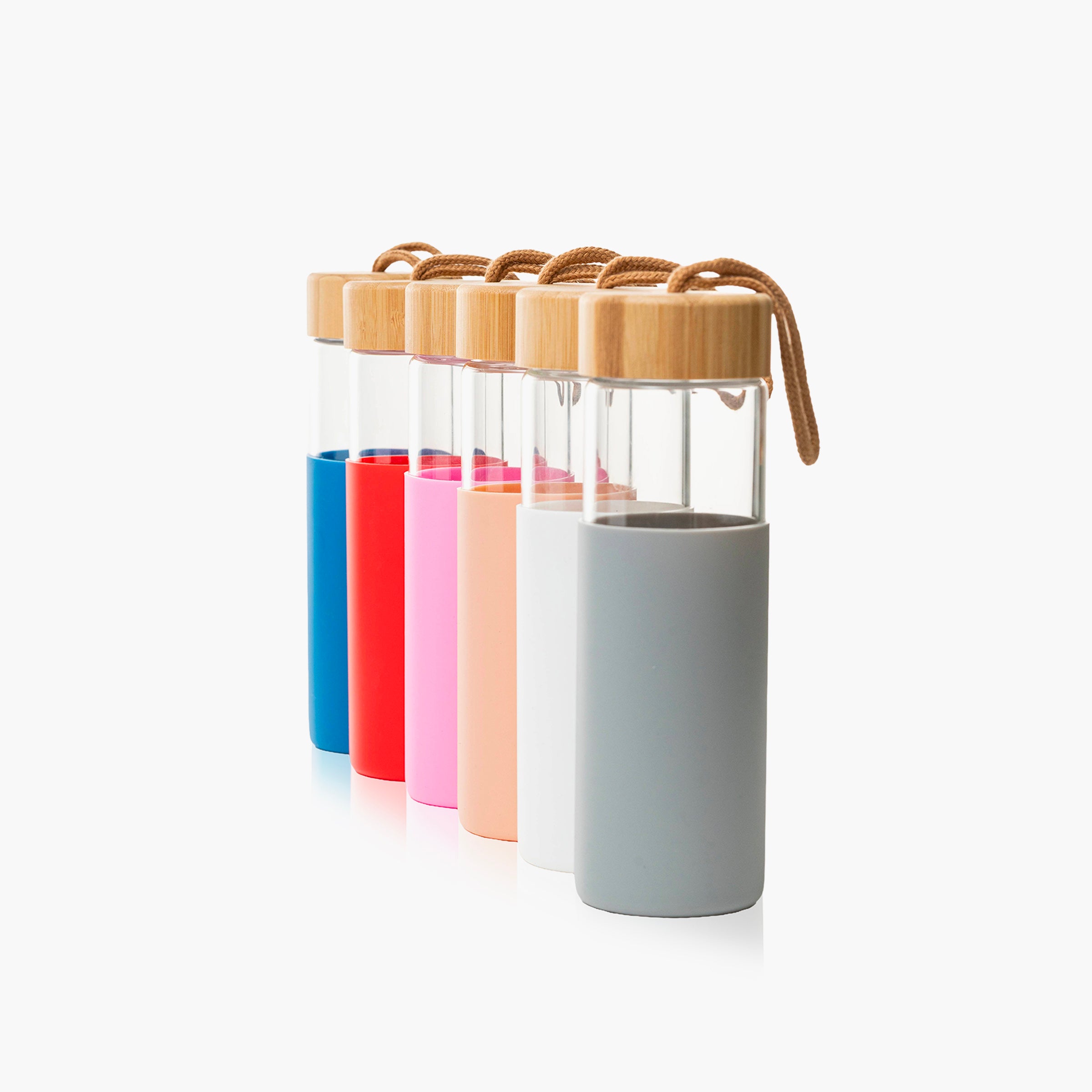 Borosilicate Glass Bottle with Silicon Sleeve & Bamboo Lid - 500 ML (Set of 6)